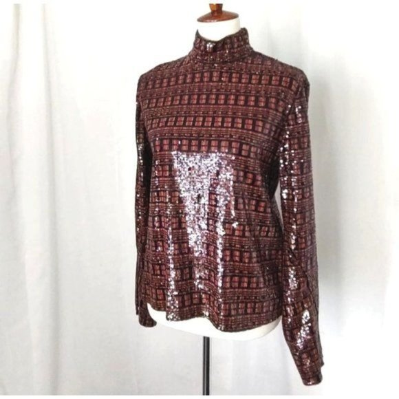 Zara Top M Sequin High Collar Mock Neck Long Sleeve Slit Cuff Party - Picture 6 of 15